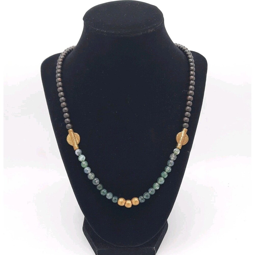Handmade Moss Agate Necklace/ Wood & Brass Beads Bohemian Boho Earthy 31" XLNT